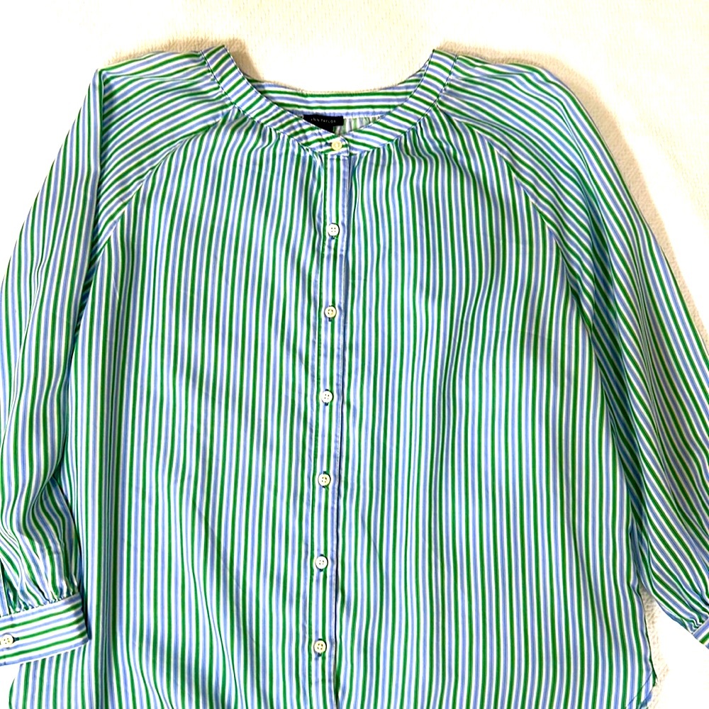 Ann Taylor Green/Blue/White Stripe Blouse. Size Large - Picture 2 of 7